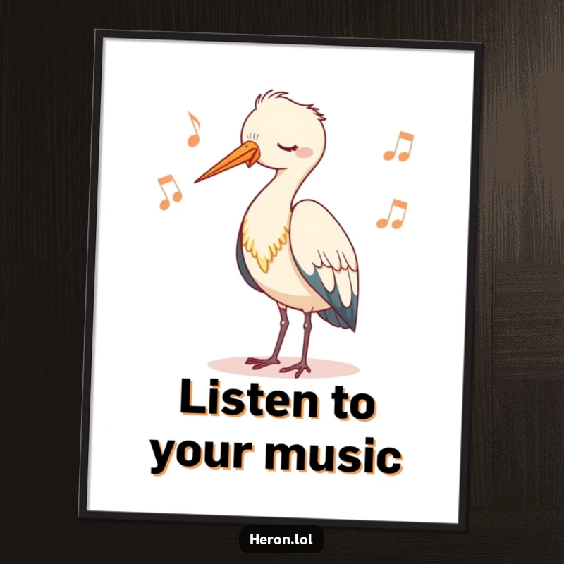 Funny poster art print of a cute heron character bobbing its head rhythmically, bringing calm, natural beauty and humor.