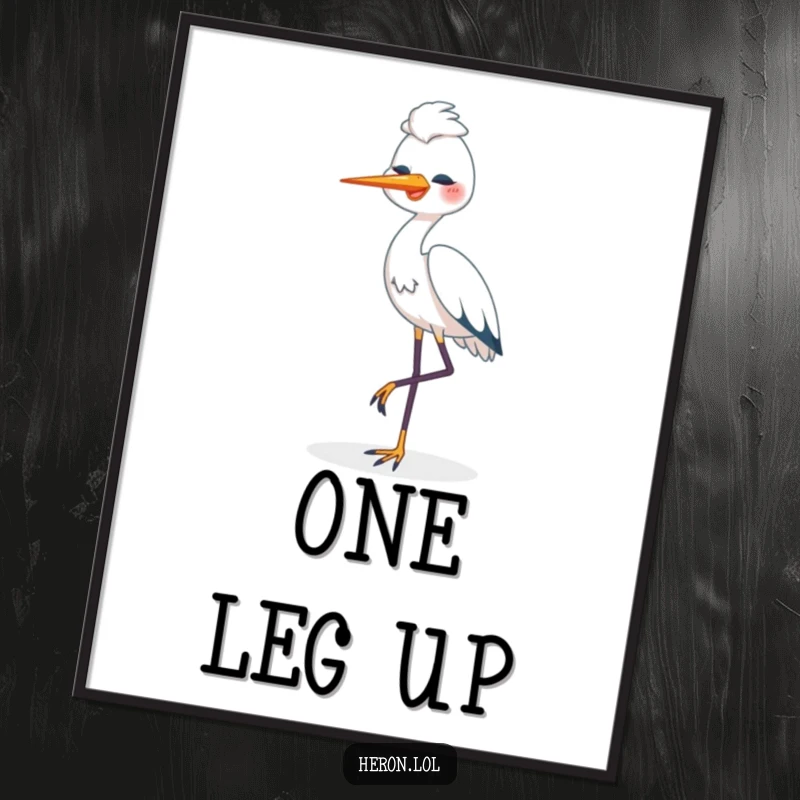Funny Happy Heron Poster: Content heron bird standing on one leg, looking peaceful, a humorous and calming artistic piece.