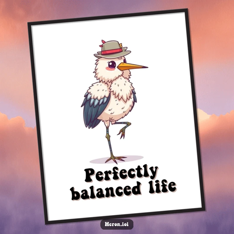 Funny fluffy heron poster, standing on one leg, balancing a hat, elegant and humorous wall art, perfect for adding charm, an artistic gift.