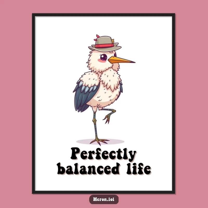 Funny Heron Balance Poster: Elegant Bird Hat Art Gift