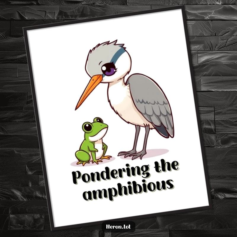 Funny Heron and Frog Poster: Heron bird curiously observing a tiny frog, quirky wildlife art, humorous print, funny gift.