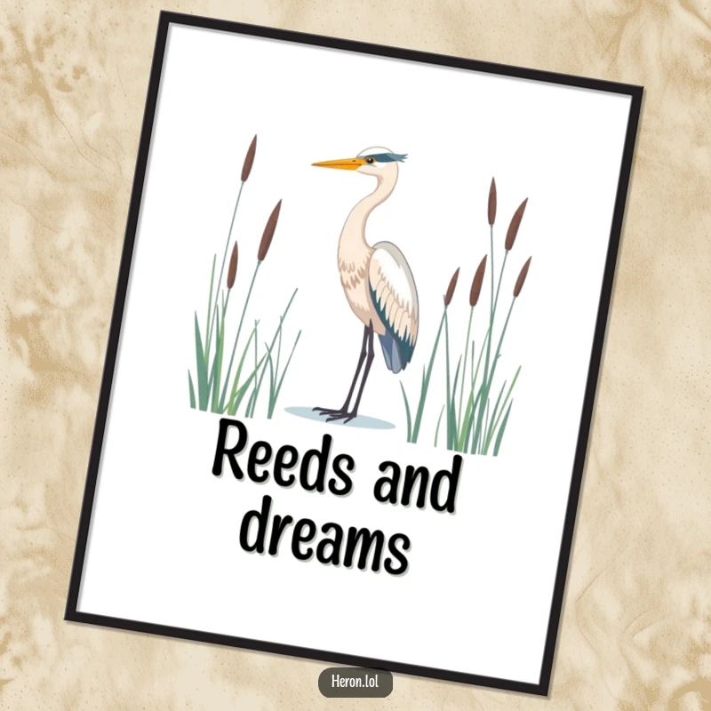 Majestic heron bird poster, standing tall amidst reeds, looking serene, bringing a sense of peace to any wall.