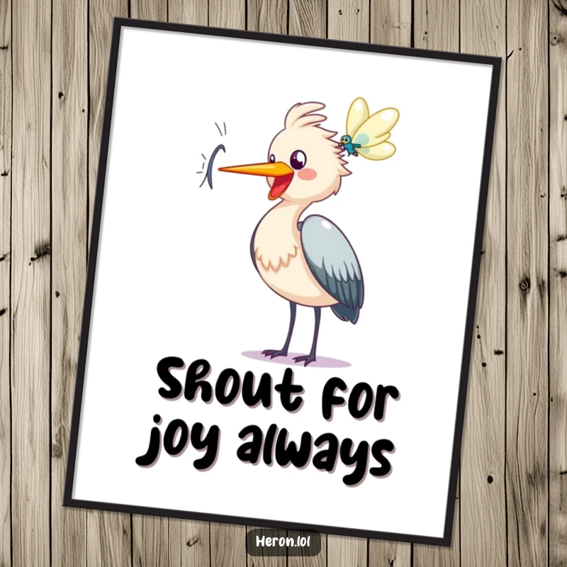 Funny heron poster, happy bird cawing at dragonfly, joyful nature cartoon, whimsical wall decor, unique gift for bird enthusiasts.