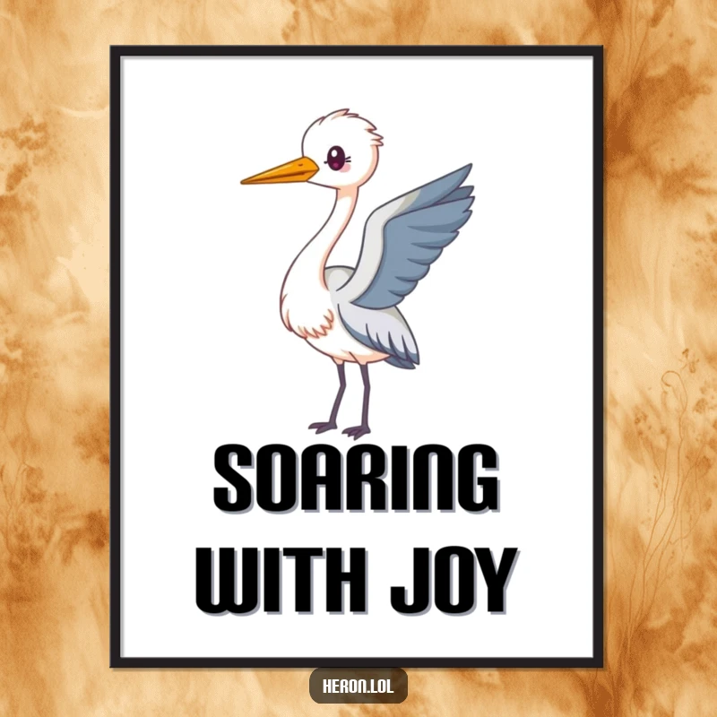 Funny Kawaii Heron Poster featuring a cute heron with a long neck, playfully looping in the air, adding charm and humor.