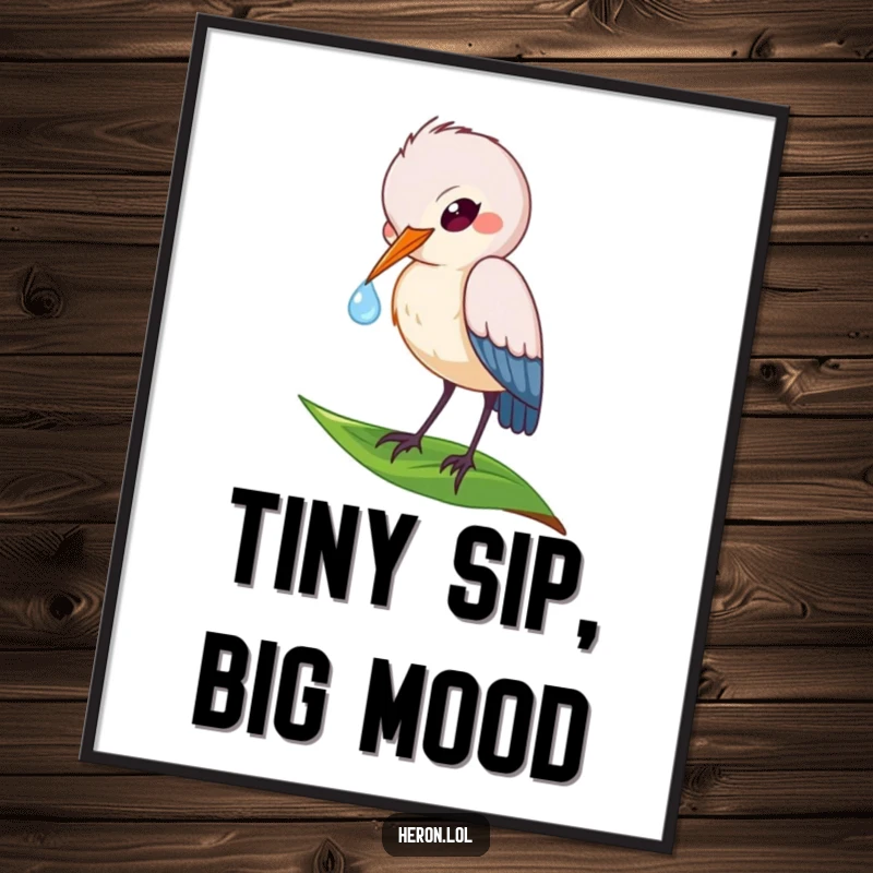 Funny poster capturing a playful heron bird gently sipping a tiny dewdrop from a leaf, showcasing nature's delicate moments.