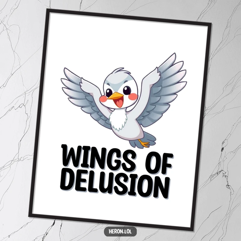 Funny Flying Heron Poster: A happy heron flaps its flippers with great enthusiasm, pretending to fly.