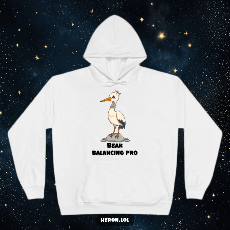 Funny Hoodie with a detailed illustration of a heron artistically balancing an improbable tower of pebbles on its beak, exuding comical concentration.