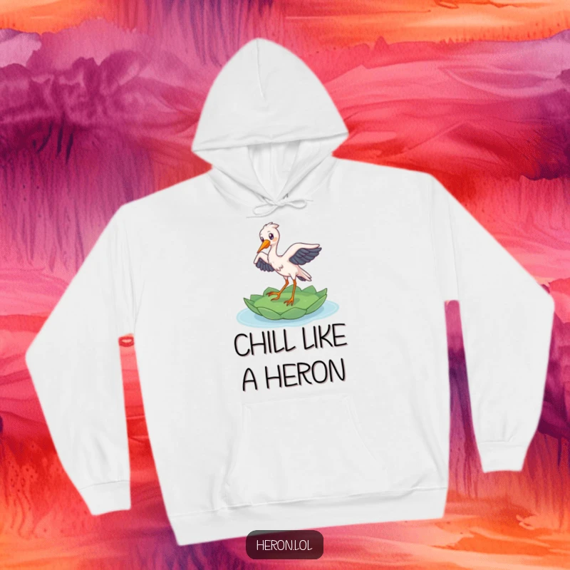 Funny Heron Hoodie: A delighted bird lands gracefully on a lily pad, offering warmth and humorous natural beauty.