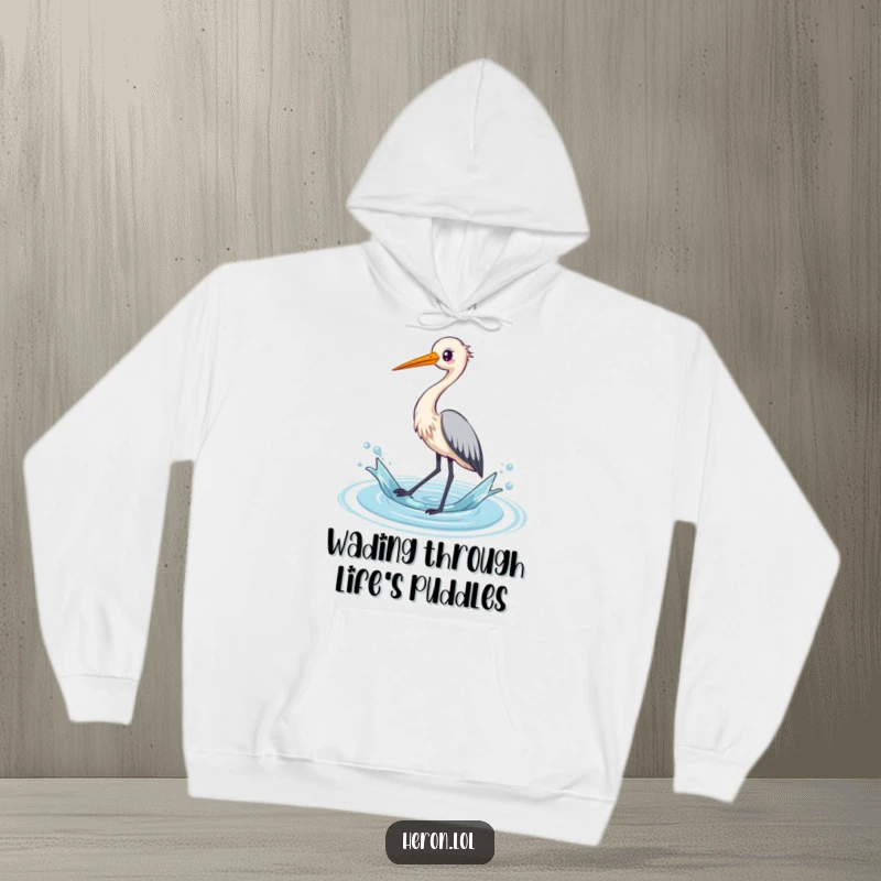 Funny kawaii heron hoodie with a cute bird splashing water with long legs, offering comfort and a touch of lightheartedness.