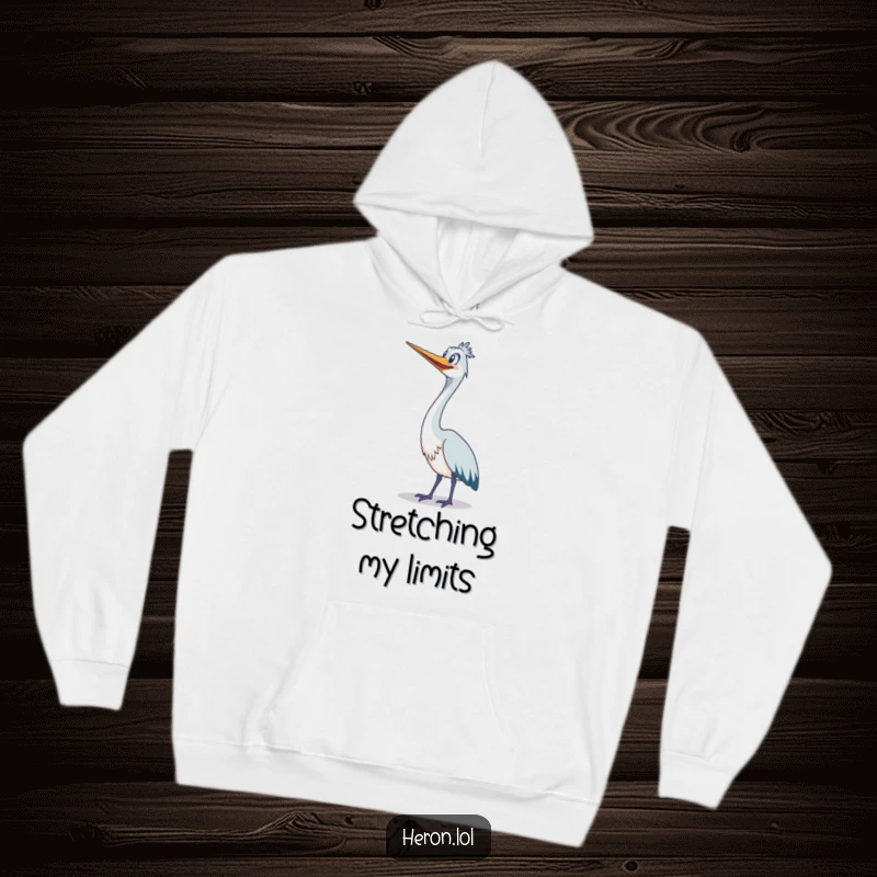 Funny cute heron stretching its long neck upwards with a wide grin on a cozy hoodie.