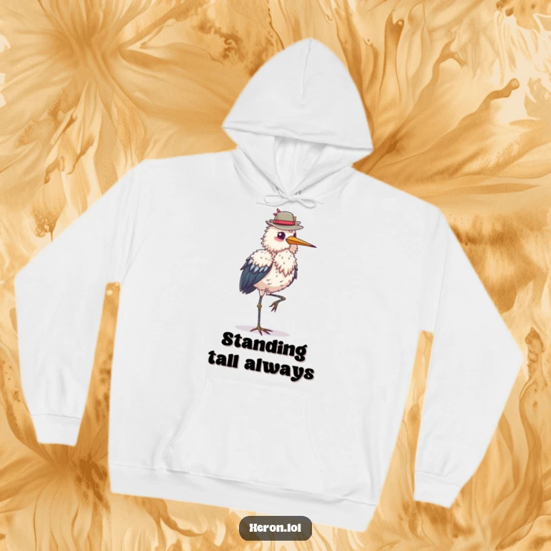 Funny fluffy heron hoodie, standing on one leg, balancing a hat, comfortable and warm, ideal for bird enthusiasts, a cozy funny gift.