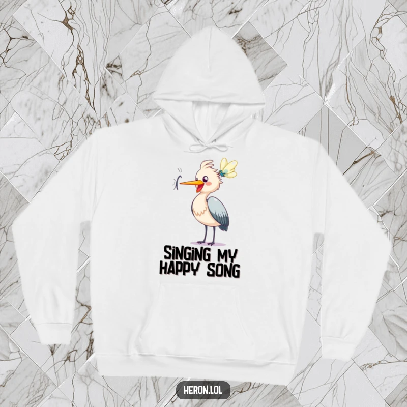 Funny heron hoodie, warm casual wear, happy bird cawing at dragonfly, joyful cartoon character, gift for comfort lovers.