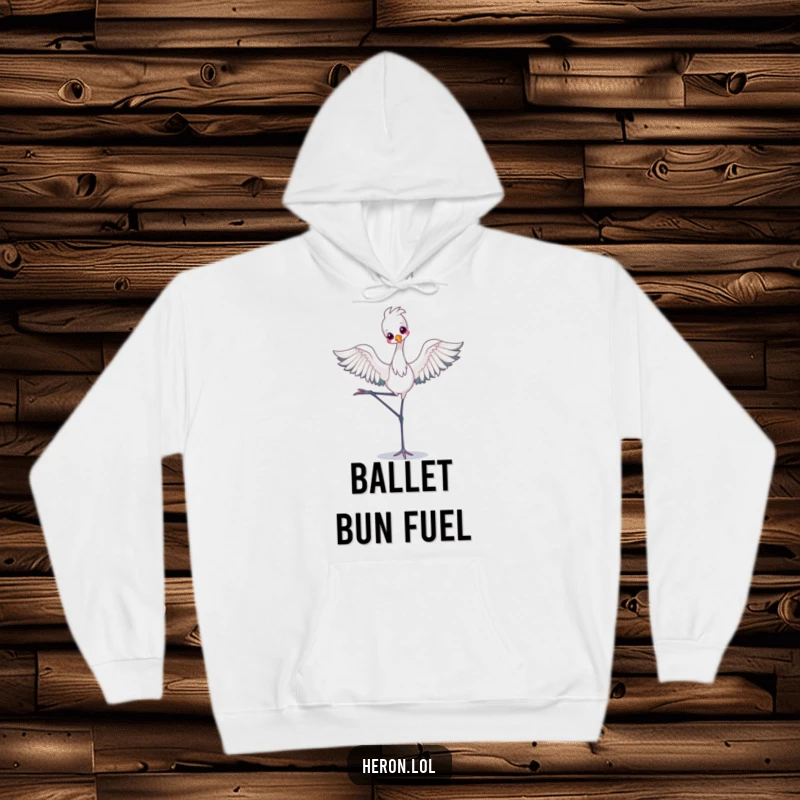 Funny Hoodie with a kawaii heron striking a graceful ballet pose on one leg, offering warmth and a dose of adorable humor.