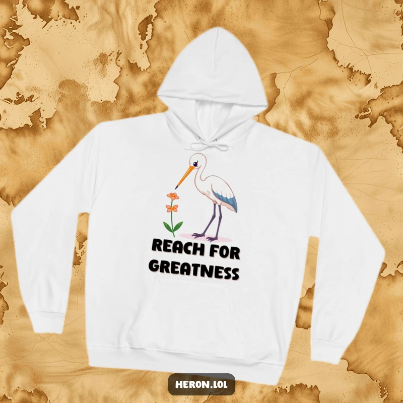 Funny Kawaii Heron Hoodie: Soft, warm hoodie with a cute bird reaching for a flower, providing humorous comfort and style.