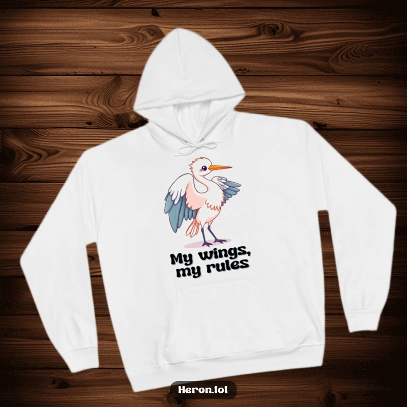 Funny Kawaii Heron Hoodie: Soft hoodie featuring a bird in elegant wing unfurling motion, perfect for humorous warmth.