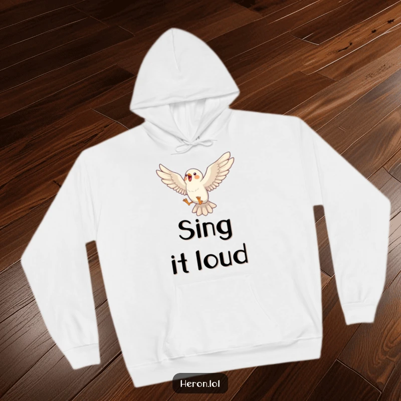 Funny hoodie showcasing a bird in a dynamic mid-air leap, wings spread wide as it sings with pure delight, great for music lovers.