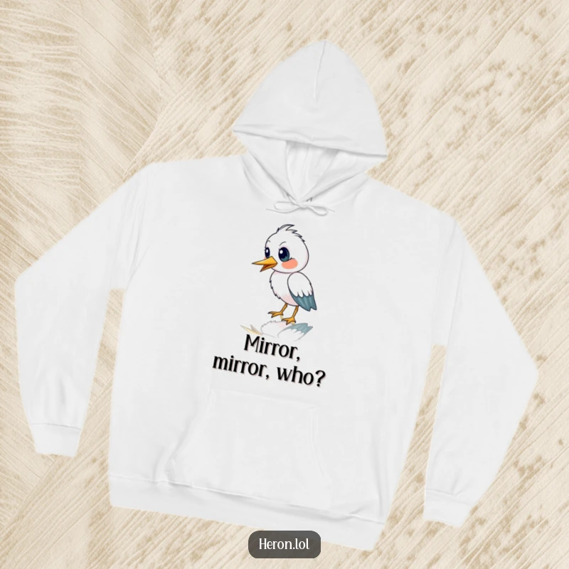 Funny hoodie showing a cute heron bird looking astonished while gazing at its own reflection, offering cozy amusement.