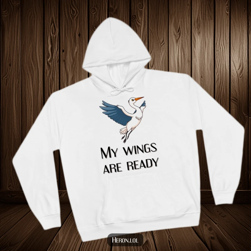 Funny Kawaii Heron Hoodie: Elegant kawaii heron bird in majestic flight, wings outstretched, offering a humorous and comforting embrace.