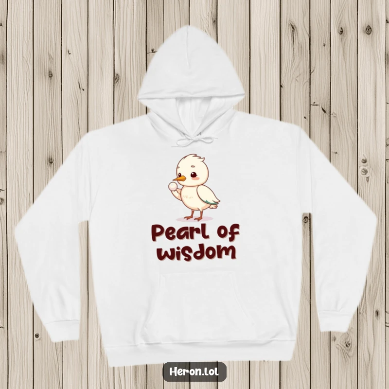 Funny shy heron hoodie featuring a bird offering a shining pearl with its wing, designed for humorous comfort.
