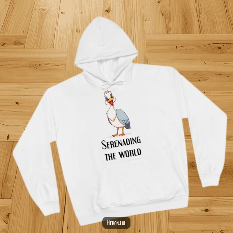 Funny goofy heron hoodie featuring a bird with a grin singing a loud song, offering humorous warmth and expression.