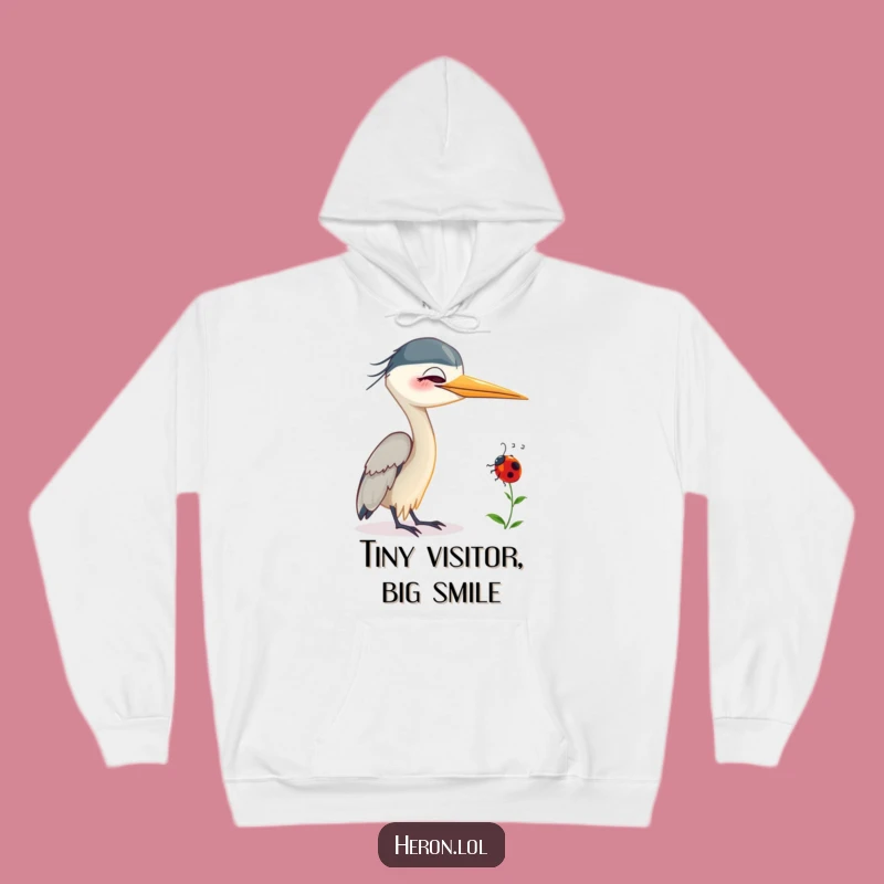 Cozy Funny Smiling Heron Hoodie: Ladybug Friend, Warm & Humorous Gift