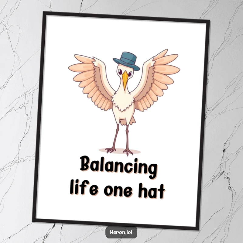 Funny Free Printable Wall Art: A heron with wings spread wide awkwardly attempts to balance a tiny hat.