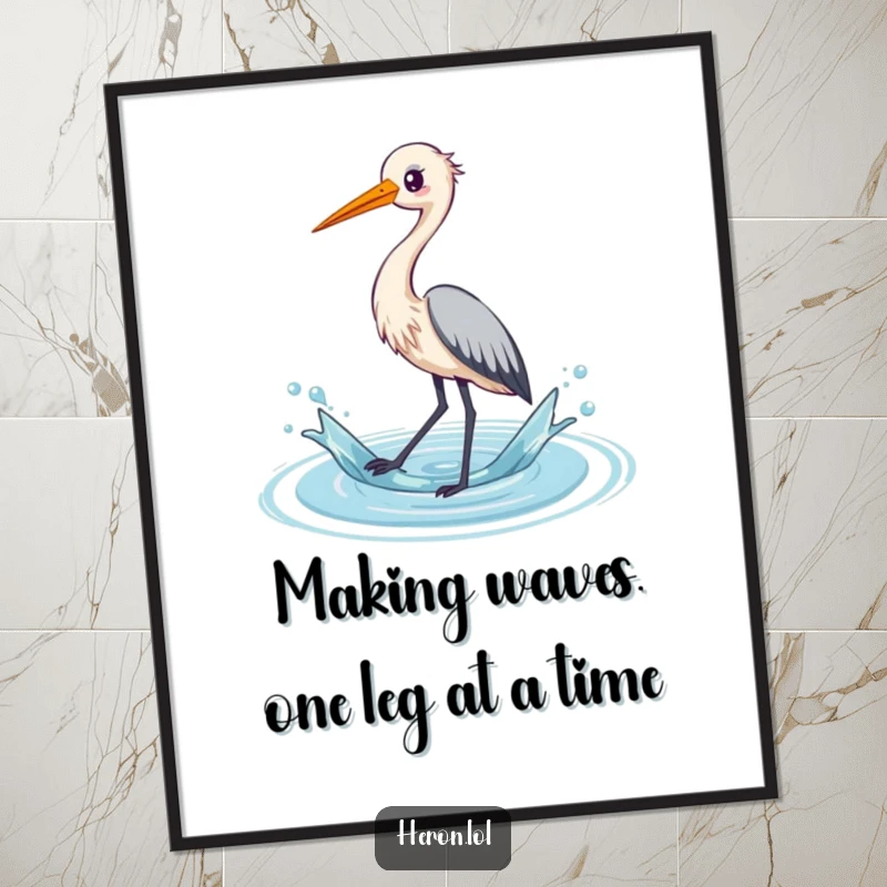 Funny Free Printable Wall Art of a kawaii heron with long legs gleefully splashing water, adding a humorous touch to any room.