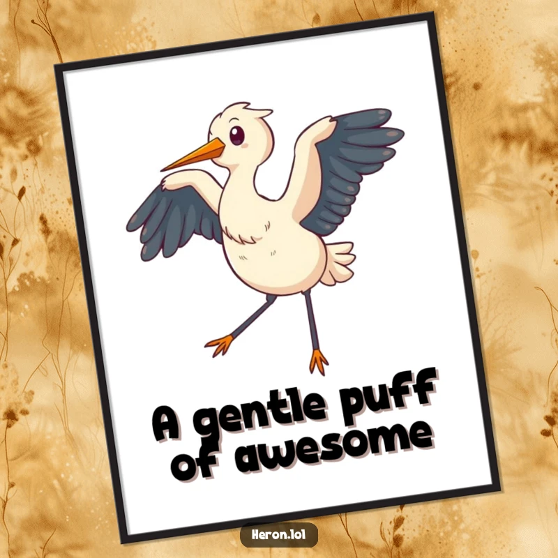 Funny Free Printable Wall Art featuring a chubby heron flapping its wings, creating a gentle breeze, a charming downloadable piece.