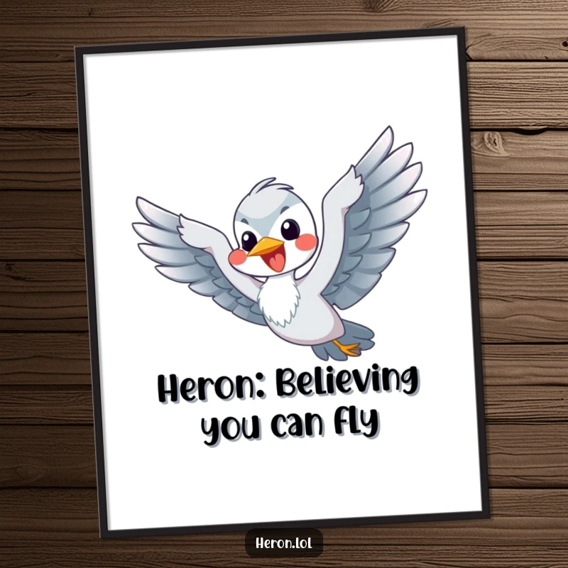 Funny Free Printable Wall Art: A happy heron intensely flapping its flippers, comically trying to achieve flight.