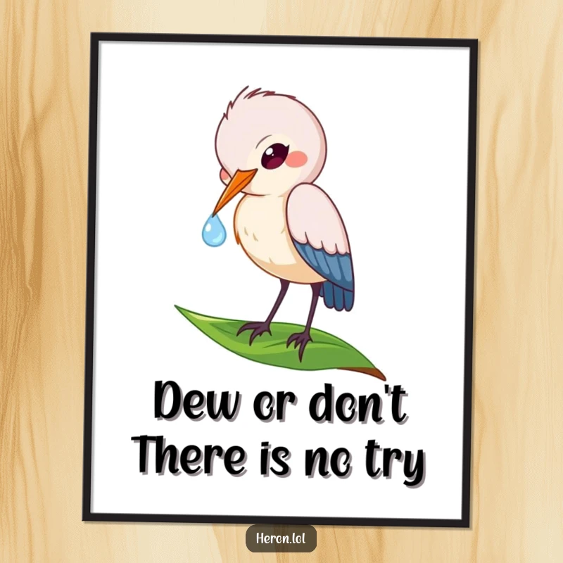 Funny Free Printable Wall Art featuring a playful heron bird delicately sipping a dewdrop resting on a green leaf.