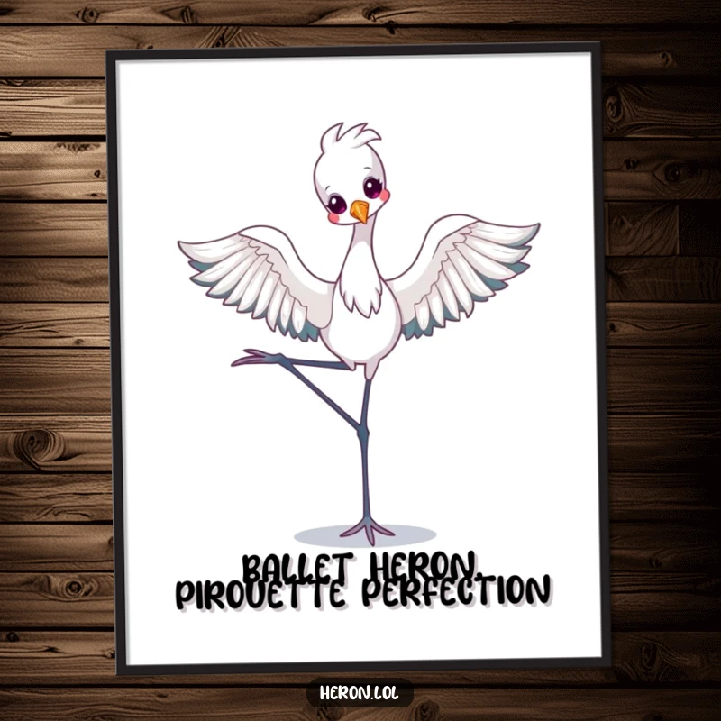 Funny Free Printable Wall Art: An utterly cute kawaii heron striking an elegant ballet pose on just one leg.
