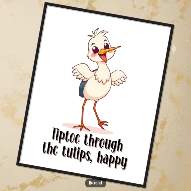 Funny Free Printable Wall Art: A heron performs a delightful tiptoe dance with an expression of pure, unadulterated joy.