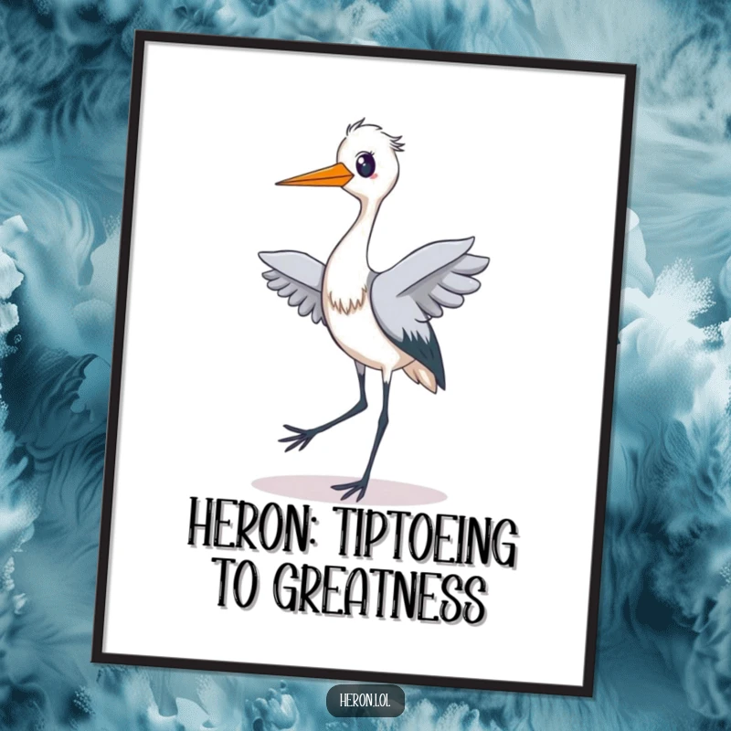 Funny free printable wall art depicting a heron in mid-silly tiptoe dance with an expression of pure delight.