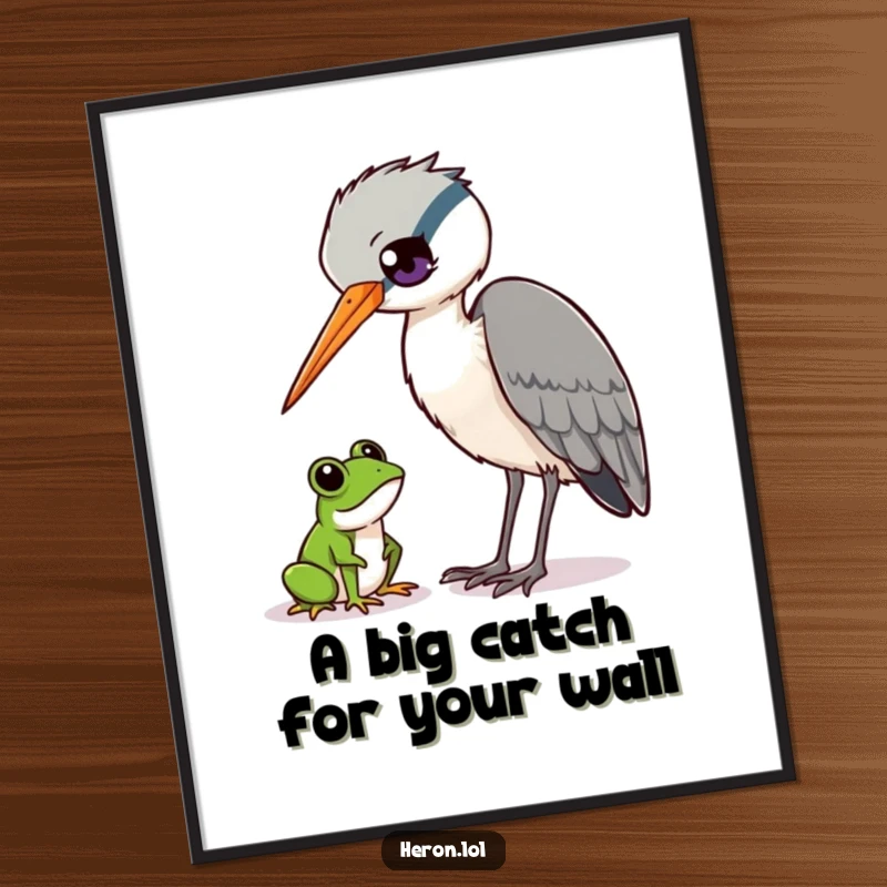 Funny Free Printable Wall Art depicting a curious heron bird tilting its head to observe a tiny frog, charming nature humor.
