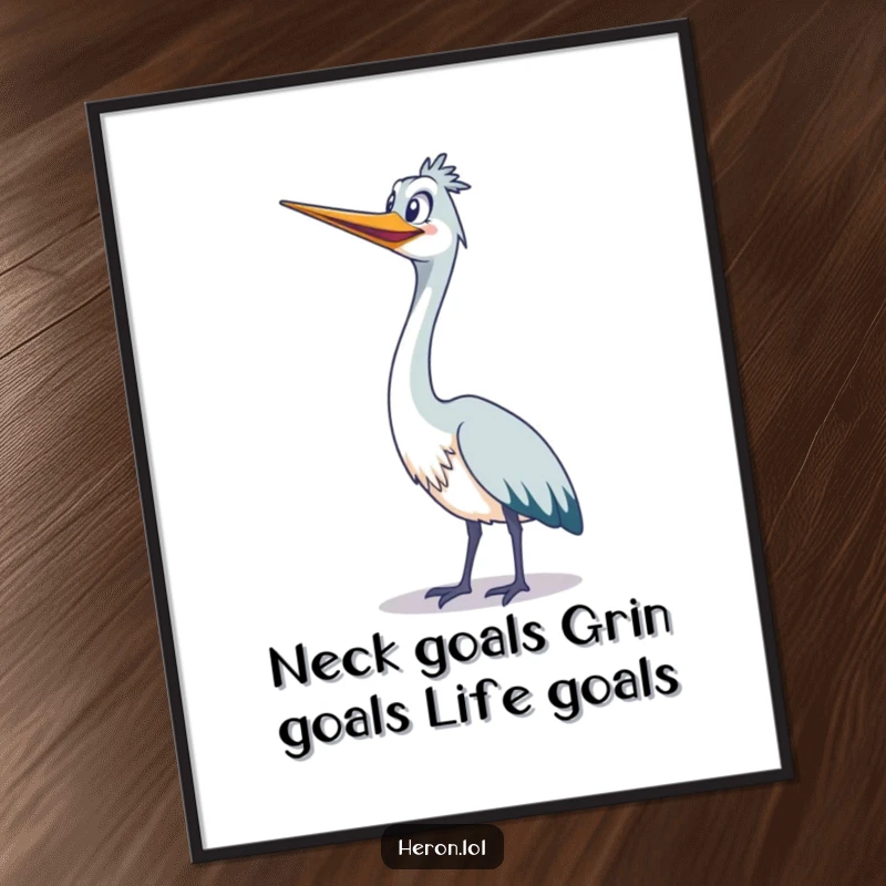 Funny Free Printable Wall Art: A cute heron stretches its long neck way up high with a huge, infectious grin.