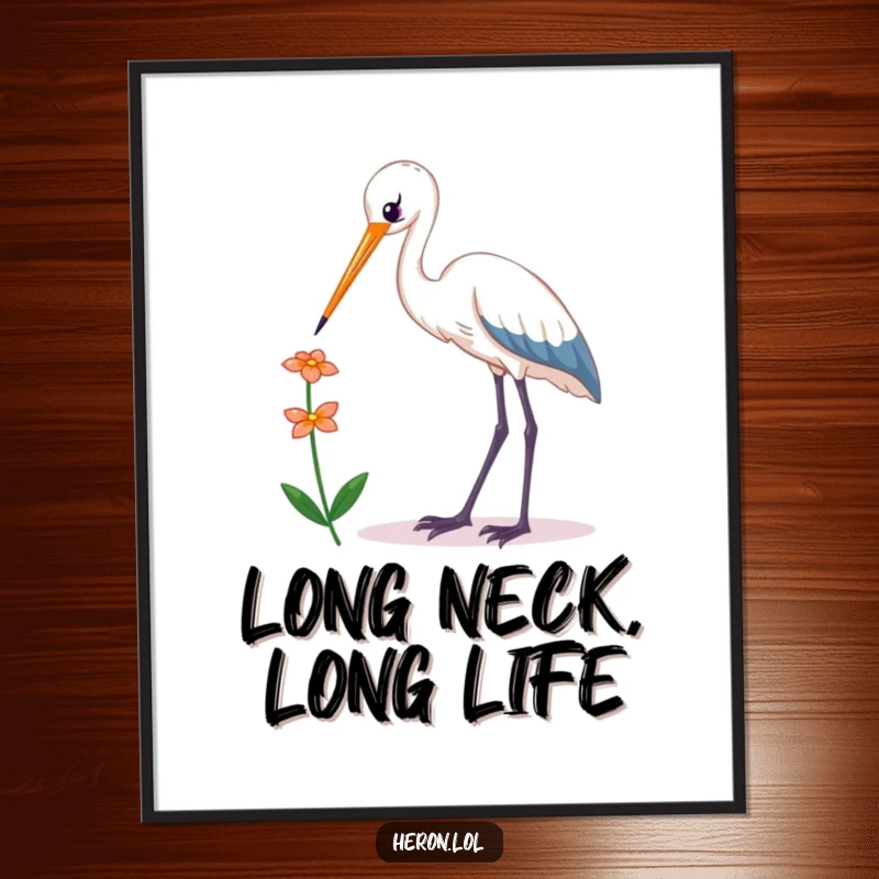 Funny Free Printable Wall Art: Kawaii heron bird with long neck gracefully reaching for a tiny flower.