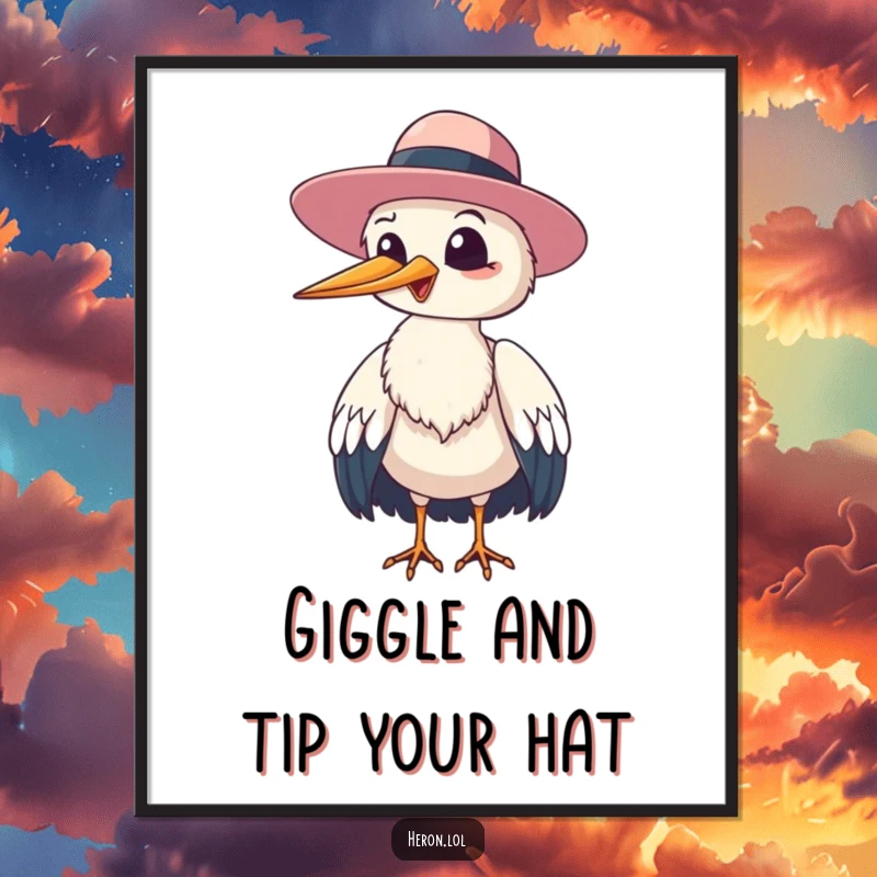 Funny Free Printable Wall Art: Heron bird giggling and tipping its floppy hat, bringing a playful and humorous vibe to any room.