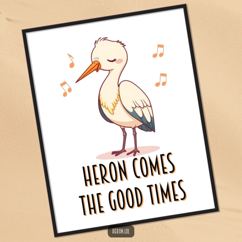 Funny Free Printable Wall Art: A cute heron bobs its head rhythmically, bringing a sense of calm and cool.