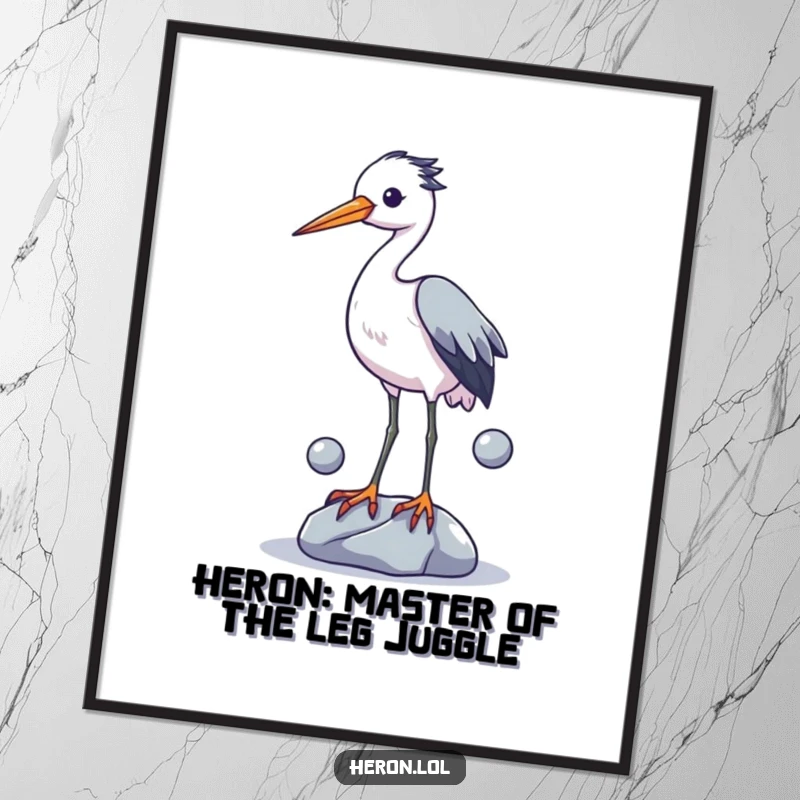 Funny free printable wall art of a heron comically juggling three shiny stones with its legs, a whimsical piece.