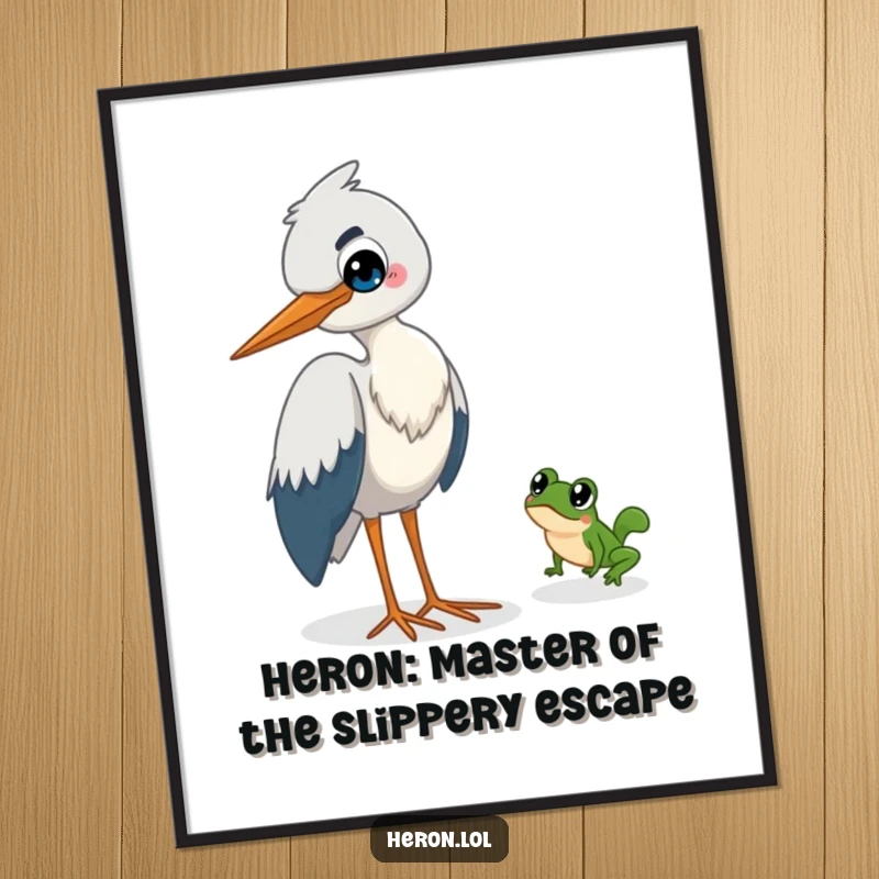 Funny Free Printable Wall Art: Mischievous heron grinning while a tiny frog makes a daring escape, humorous digital art.