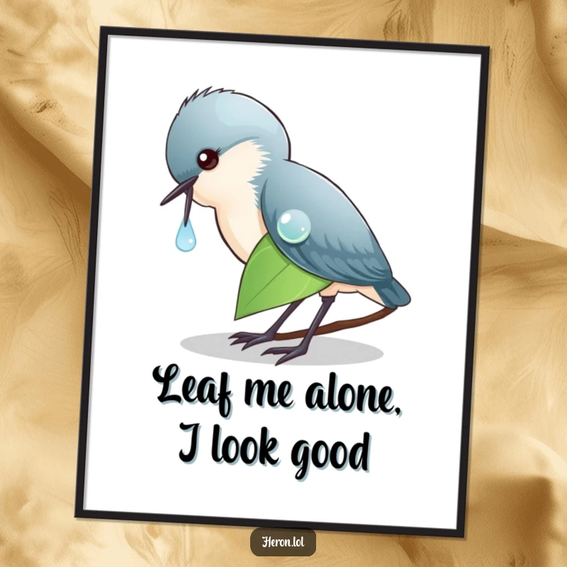 Funny Free Printable Wall Art: An elegant heron delicately pecks a dewdrop on a leaf, a scene of serene, witty charm.