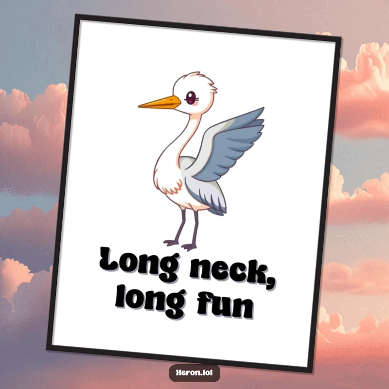 Funny Free Printable Wall Art: A kawaii heron with a long neck playfully loops in the air. Adorable downloadable art.