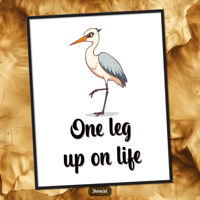 Funny Free Printable Wall Art: A heron striking a comical, tiptoeing pose on a single, thin leg.