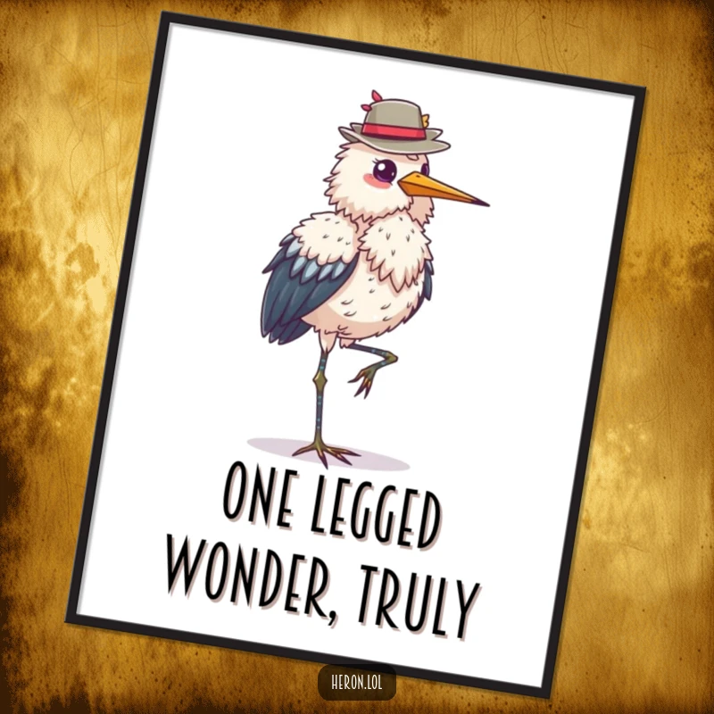 Funny Free Printable Wall Art: A fluffy heron bird proudly stands on one leg, balancing a small hat.