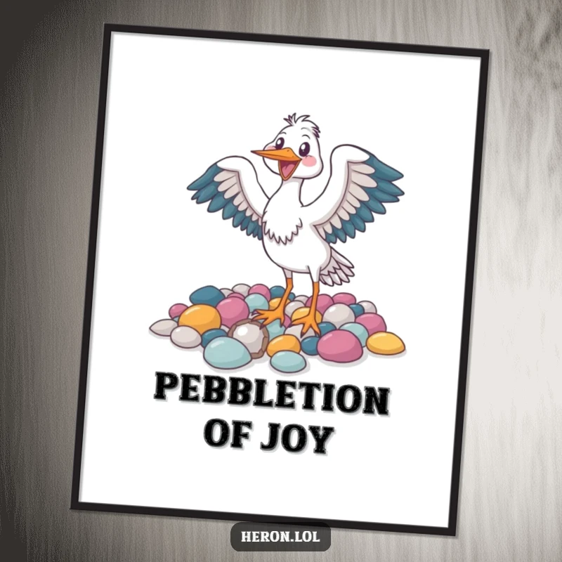 Funny Free Printable Wall Art: A joyful heron bird enthusiastically flapping its wings above colorful pebbles.