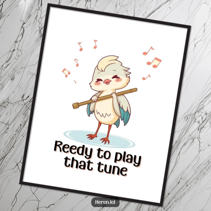 Funny Free Printable Wall Art: A joyous heron plays a flute made from a reed, with musical notes dancing around.