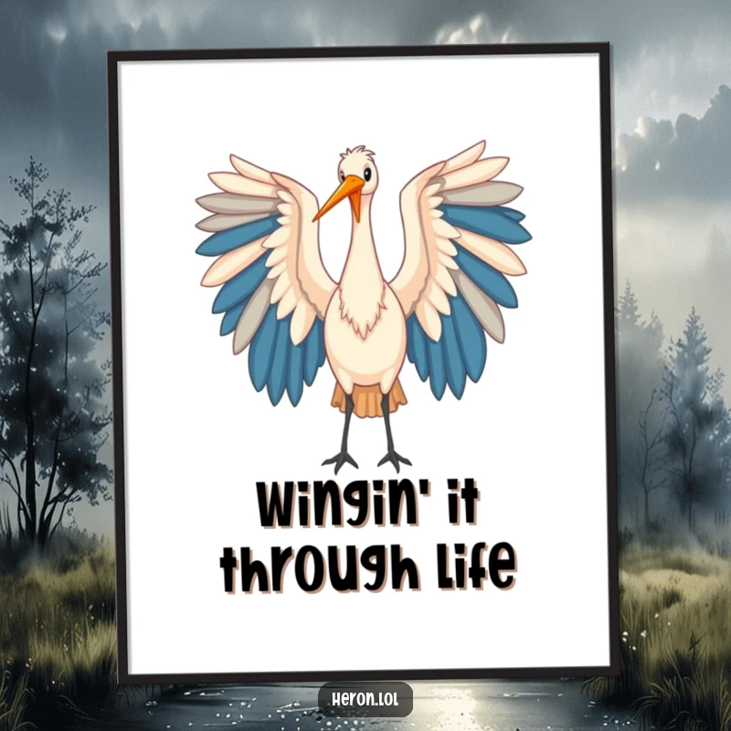 Funny Free Printable Heron Wall Art: A majestic bird humorously unfurls its enormous, vibrant wings for display.