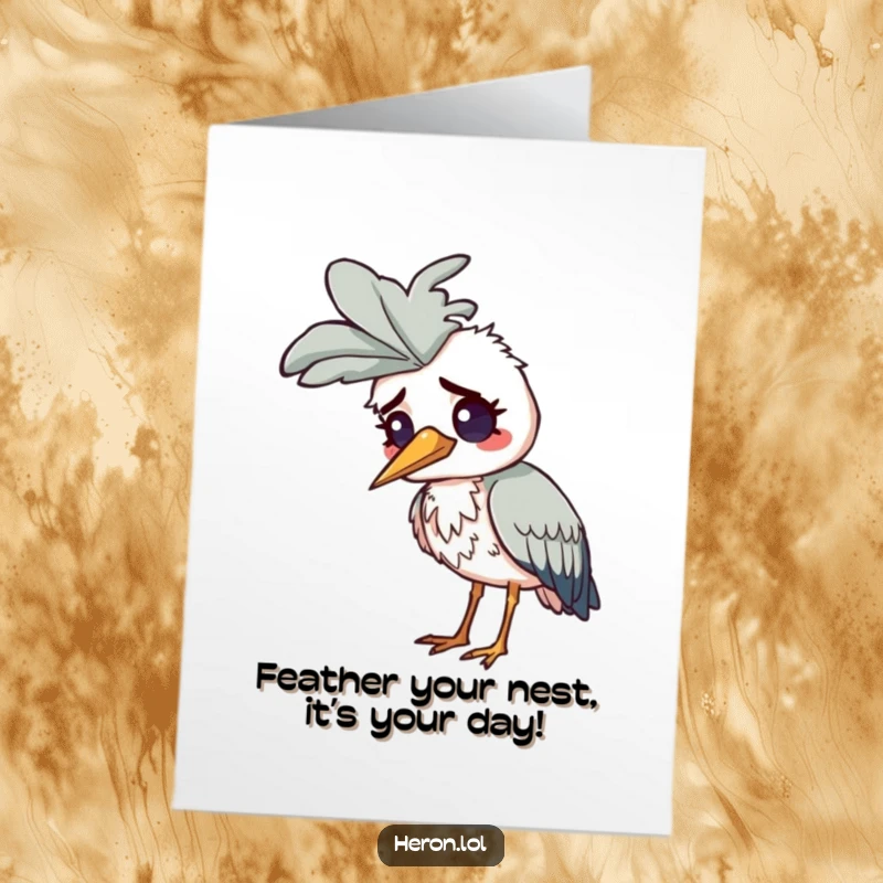 Funny Free Printable Heron Birthday Card: Heron looking utterly confused with a comically large feather stuck to its head.