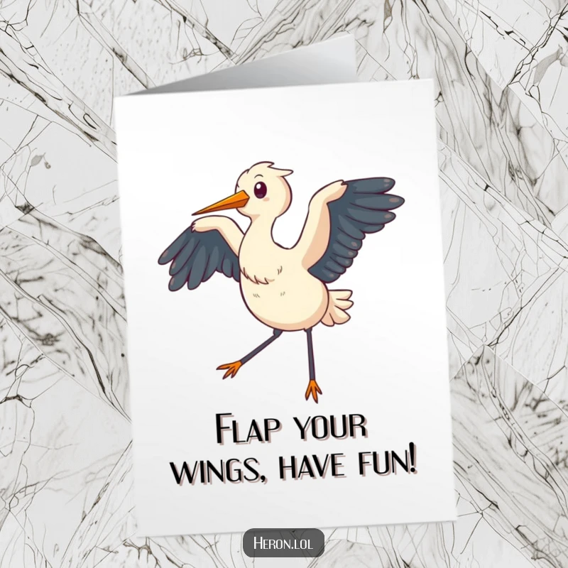 Funny Free Printable Birthday Card featuring a chubby heron flapping its wings to create a gentle breeze, a sweet downloadable greeting.