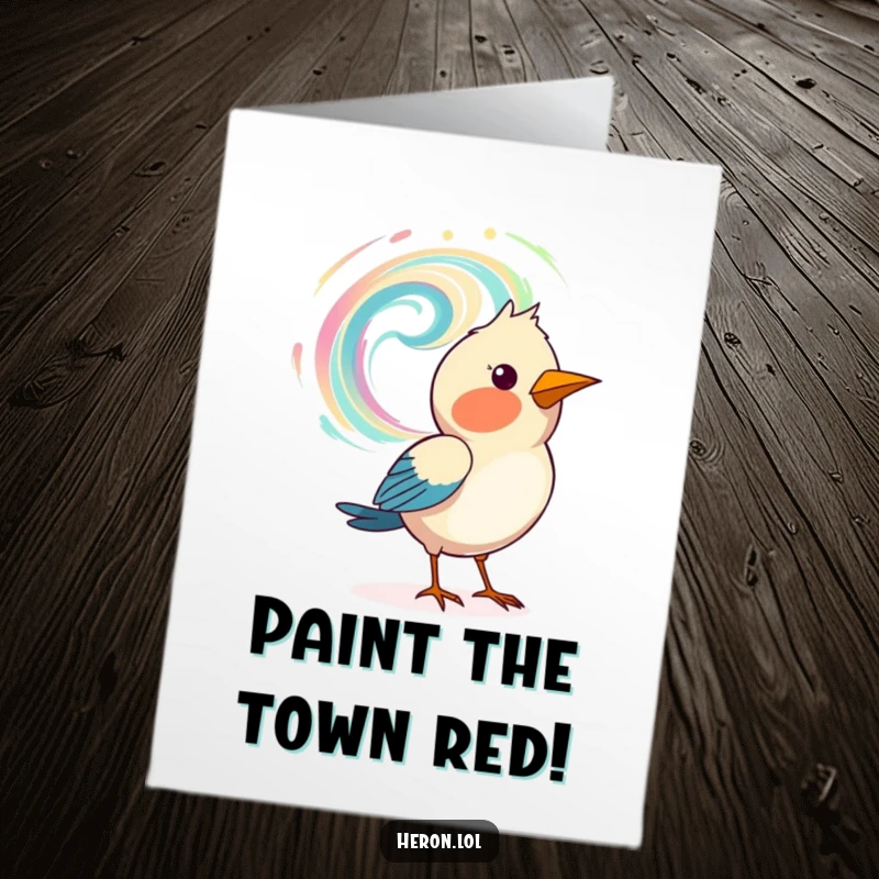 Funny Free Printable Birthday Card: A bird uses its beak to artistically paint a swirling pattern in the air, celebrating creatively.